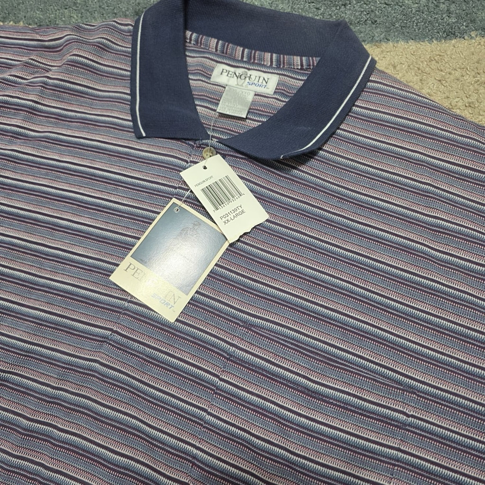 Vintage Penguin Sport Men’s XXL Striped Polo Shirt Blue Short Sleeve NWT
